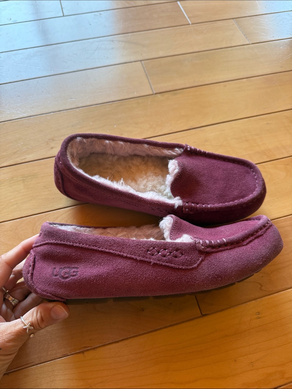 UGG Burgundy Suede Shearling Moccasin Slippers